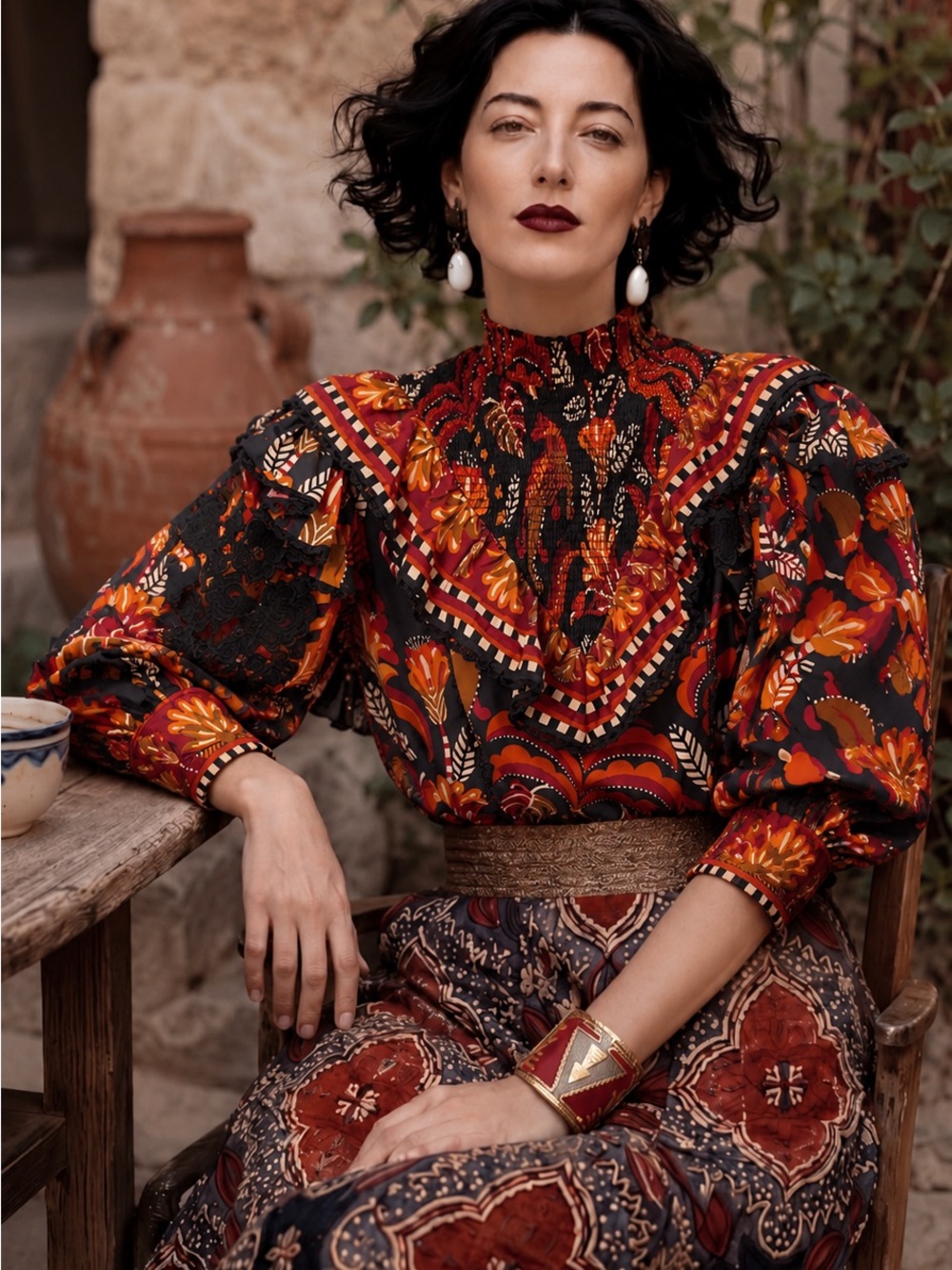 FARM Rio Black Multicolor High-Neck Ruffled Floral Blouse